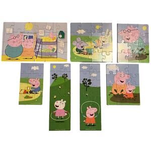 Peppa Pig 7 Wood Puzzles In Wooden Storage Box All Complete